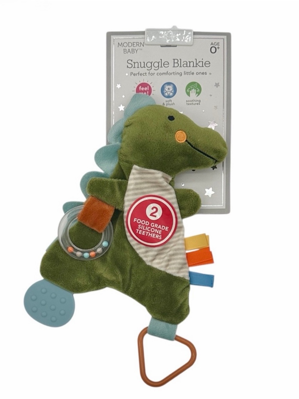 Modern Baby Green Dinosaur Snuggle Blankie Lovey Teether Rattle Toy Unisex NWT
